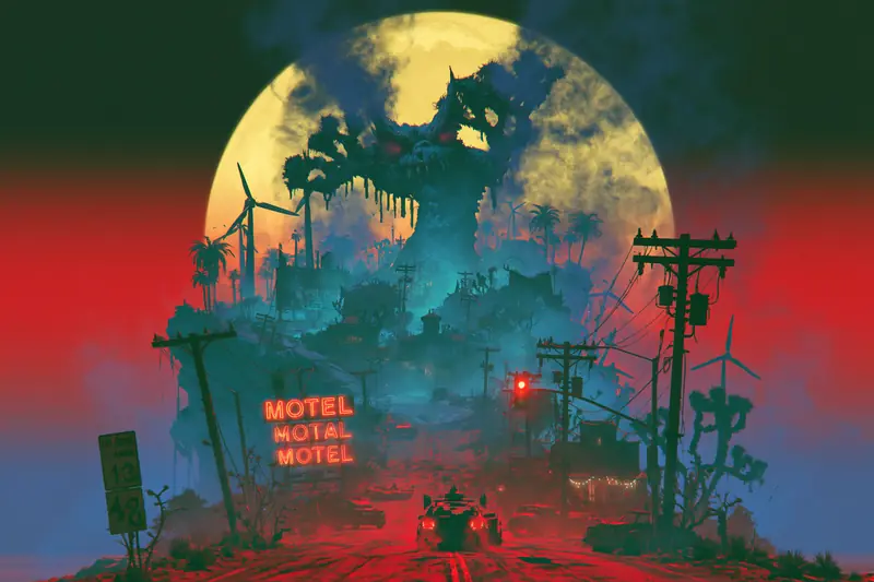 Post-apocalyptic road to a glowing motel sign, a horned creature rising against a yellow moon