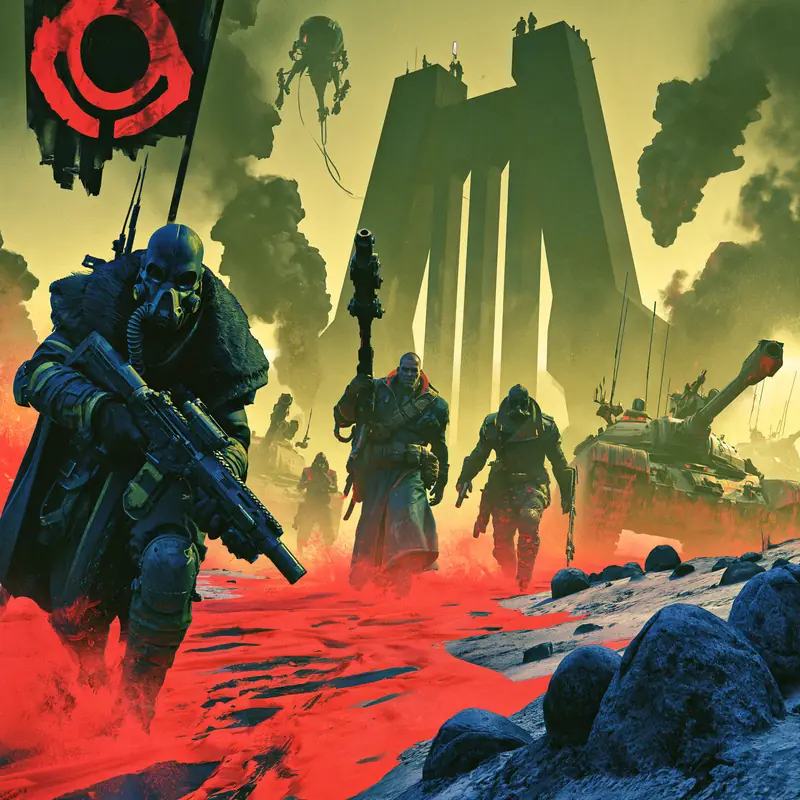 Gas-masked squad wading through a lava river, tank in the background, red and olive palette