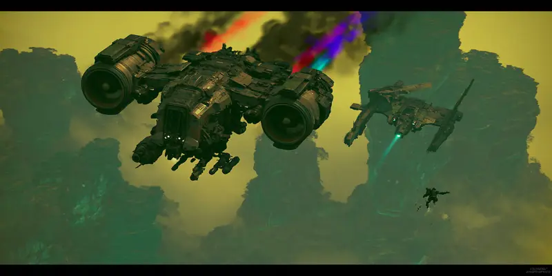 Spaceships with prismatic trails over a yellow canyon