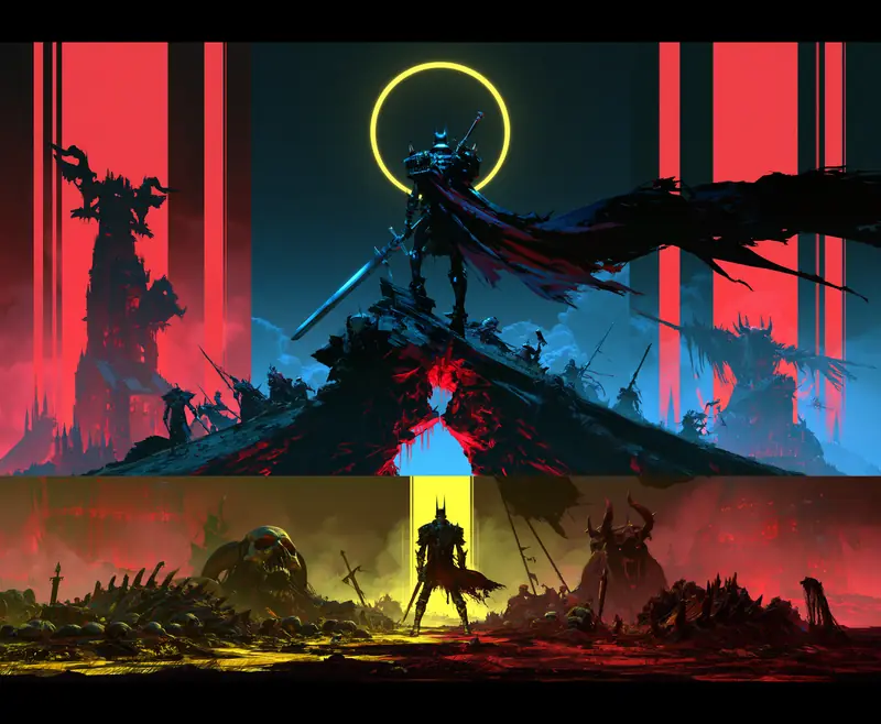 Two frames: a haloed knight on a mound in blue-red neon; a skeletal battlefield doorway in yellow