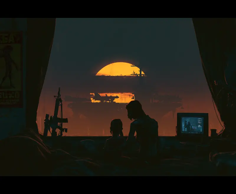 Family silhouetted at a window watching the sunset, a rifle resting by the wall
