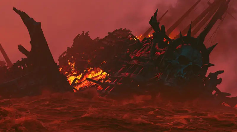 Field of burning wrecks under a deep red sky