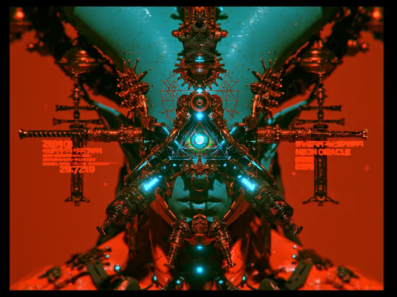 Symmetrical cybernetic oracle totem in teal chrome against a red field