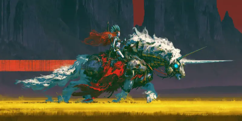 Knight on a white beast charging across a yellow field below red cliffs