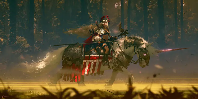 Armored rider with a lance on horseback in a golden forest