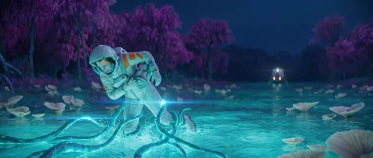 Nearly the same frame, the astronaut lower and more hunched, the tendrils braided tighter around her legs