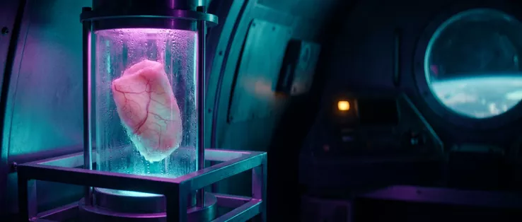 A glass cylinder on a metal frame inside the module, a pale pink organ threaded with red veins suspended in it, condensation on the glass, a porthole behind