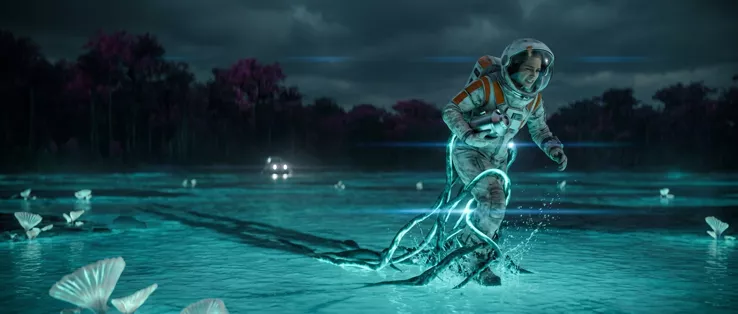 The same moment under a heavy grey sky, the astronaut upright at the right of frame, tendrils gripping her legs, white shells drifting in the foreground
