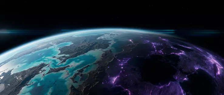 The planet from high orbit: turquoise shallows on the day side, the night side veined with violet light, stars beyond the atmosphere