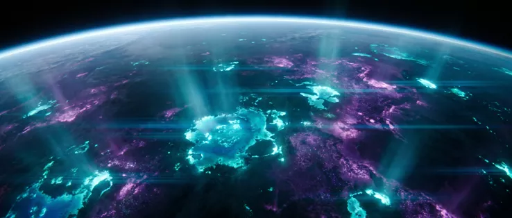 The same planet closer in, the whole surface veined turquoise and violet under a thin bright limb