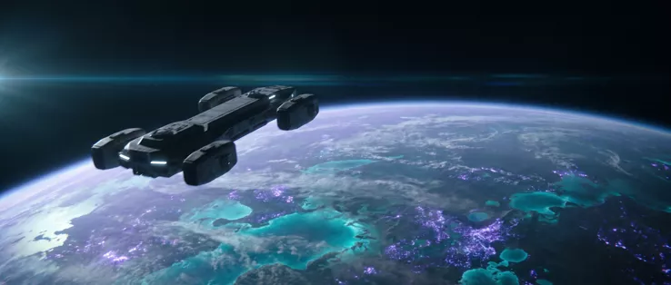 A dark angular ship crossing the top of frame above the lit planet, the surface far below