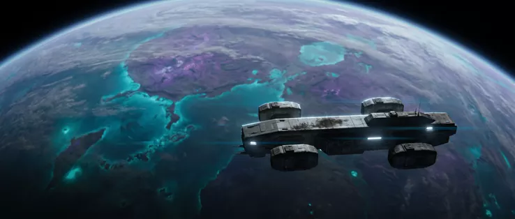 The ship in profile, running lights on, the planet’s cloud deck and turquoise reefs filling the frame behind it