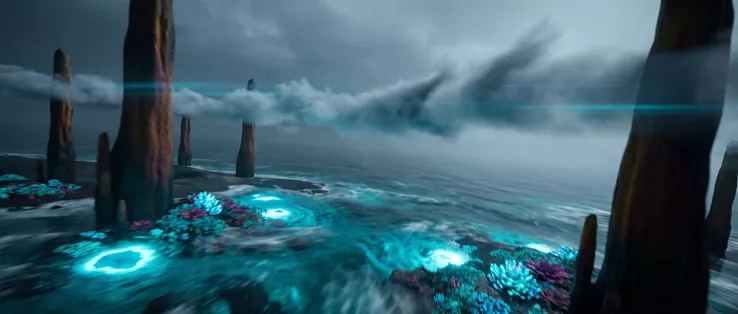 Low over the water between stone spires, glowing turquoise rings and clumps of flowers in the shallows, a heavy storm sky ahead
