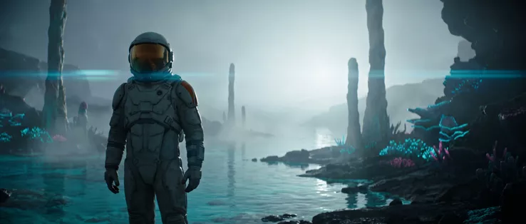 The astronaut standing on a rocky bank in the mist, gold visor lit, a channel of pale water behind her, glowing pink and blue growths at the edges