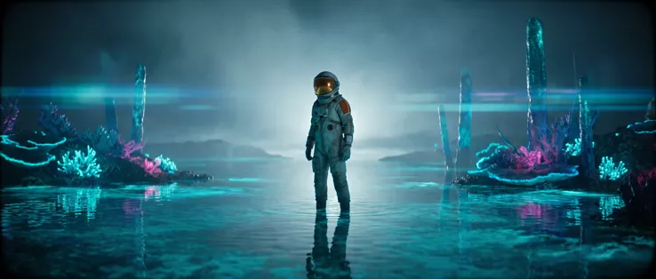 The astronaut standing ankle-deep in still water, her reflection under her, turquoise coral clumps glowing on both banks