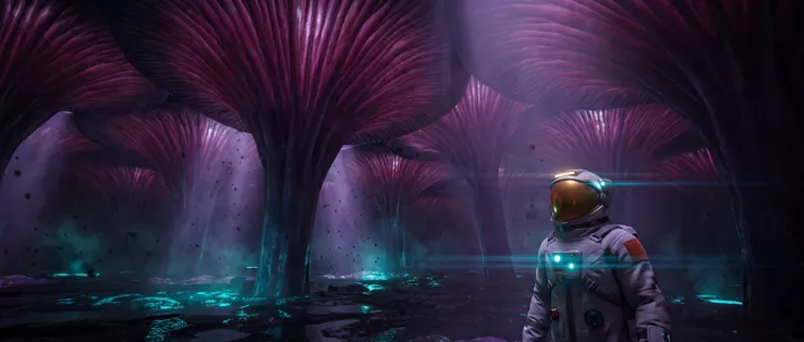 A forest of huge magenta caps splayed wide overhead on thick trunks, turquoise light on the ground, the astronaut at the right edge of frame