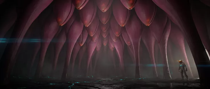 A vault of pink pointed pods hanging shut from thick stems, mist between them, the astronaut tiny at the right of frame