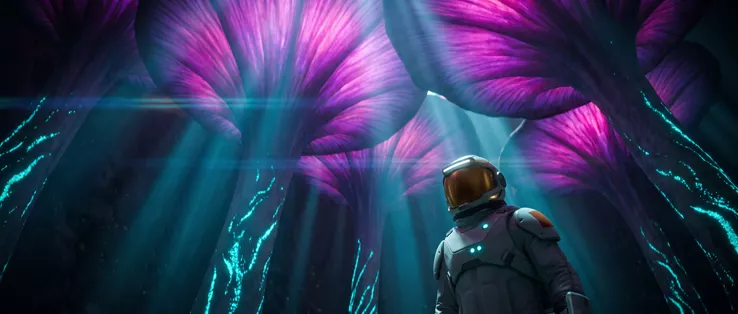 Seen from below: violet caps opened wide like ribbed umbrellas, shafts of light between them, turquoise filaments climbing the trunks, the astronaut looking up at the right
