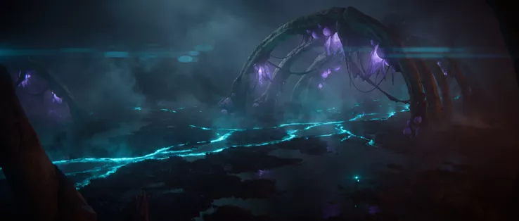 A dark marsh under mist, arches of roots hung with violet lamps, turquoise streams running through the flats