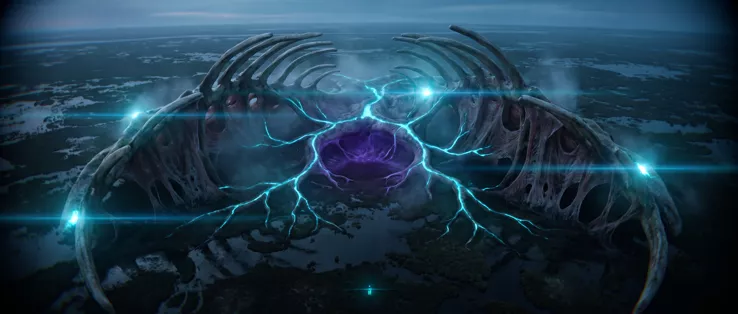 A vast ribcage rising out of the flooded plain, a violet mass held at its centre, cyan lightning branching out of it across the water